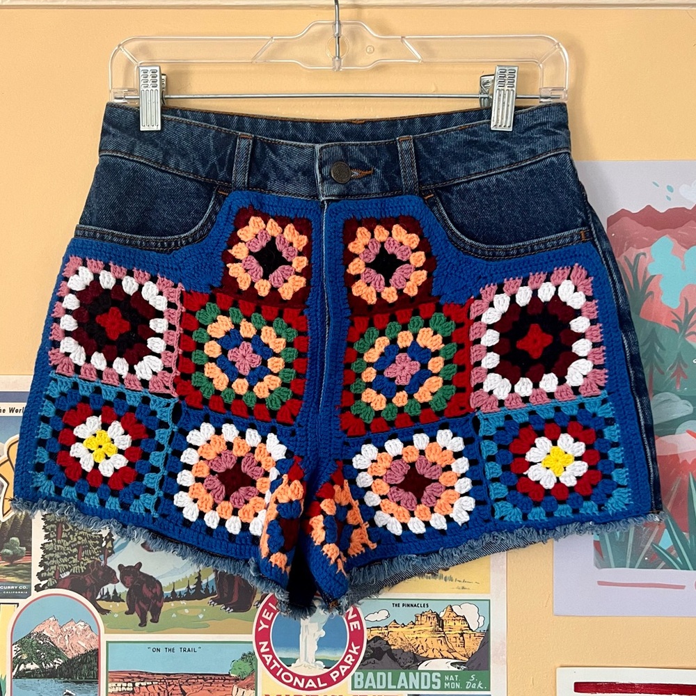 FARM Rio Multicolor Crochet Patchwork Denim Shorts